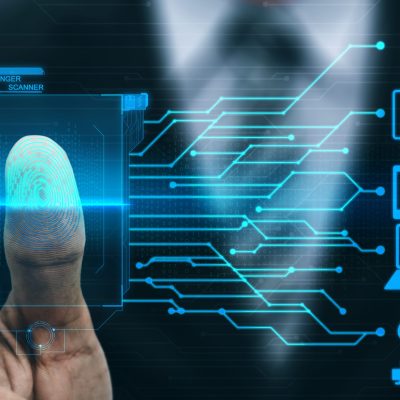Fingerprint Biometric Digital Scan Technology. Graphic interface showing man finger with print scanning identification. Concept of digital security and private data access by use fingerprint scanner.