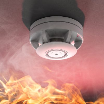 3d rendering smoke detector on ceiling activate by smoke